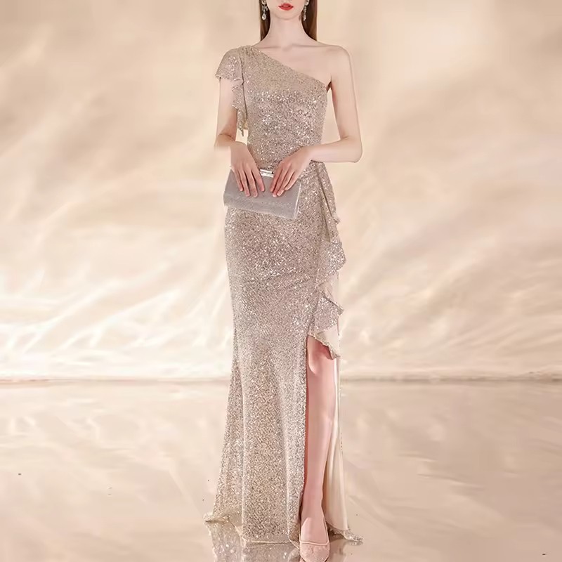 Sequin Maxi Mermaid Dress 2025 Custom Elegant Style One Shoulder Formal Flounce Hem Slit Luxury Party Evening Bodycon Dress