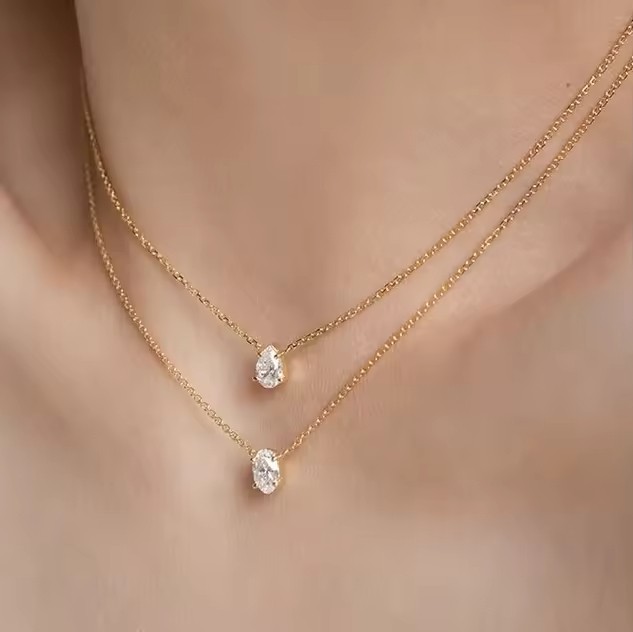 High End Gold PVD Dainty Waterdrop & Oval Zirconia Stainless Steel Pendant Hypoallergenic Waterproof Necklace Fashion Jewe