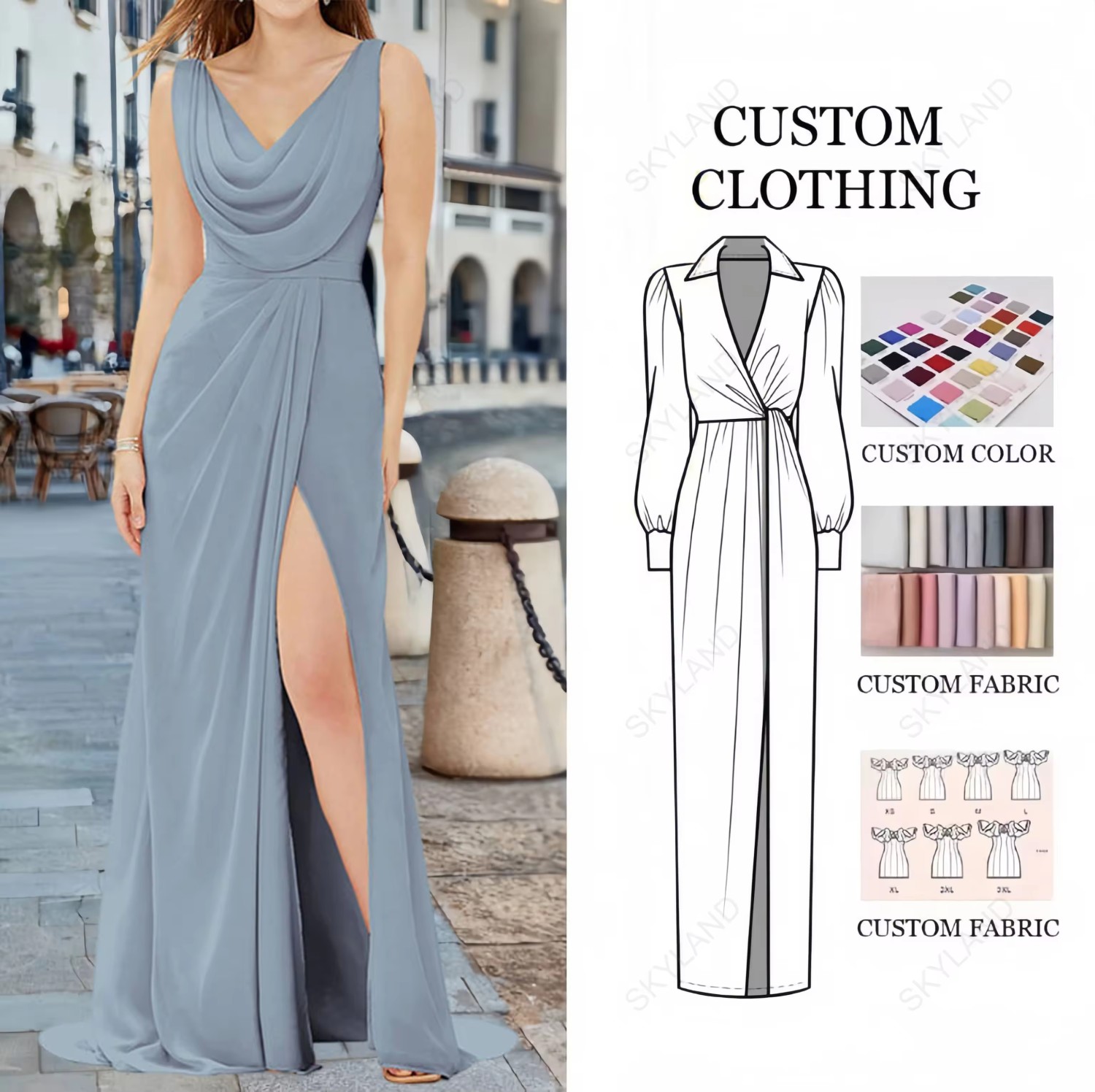 Summer Empire Waist High Waisted Ruched Breathable Formal Evening Party Dress Sexy Woman's Floor-Length Split Dress Digital