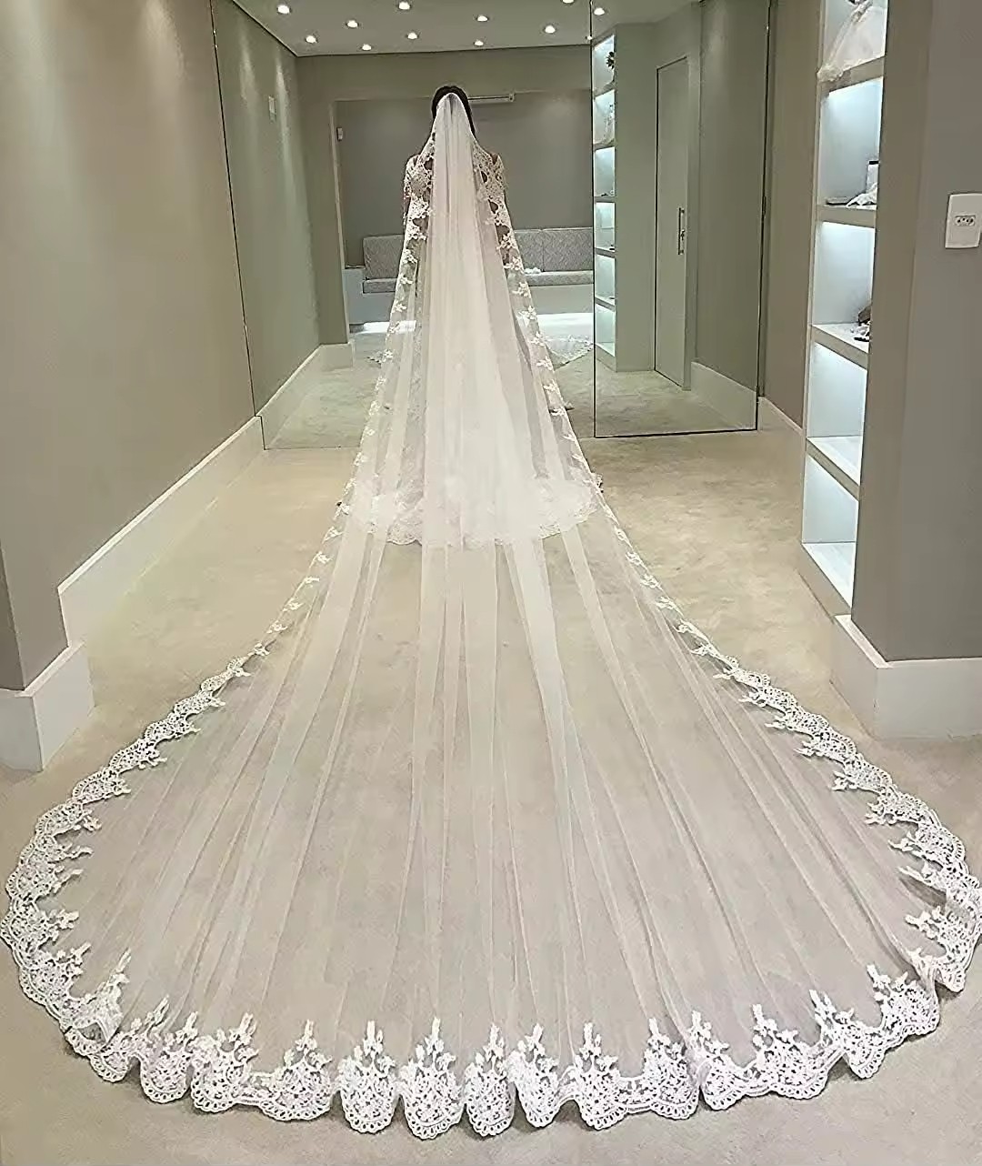 New Bridal Veil White Lace Cathedral Wedding Veil Long 5m 3m 4m With Comb Customizable Length Wedding Trailing Veil