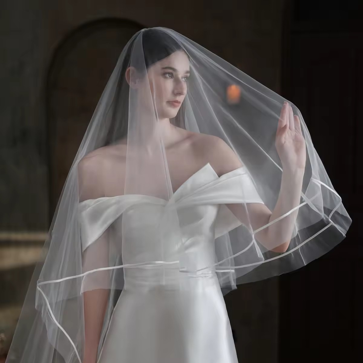 Tschick White Wedding Veil 2-layer Satin Edge Bridal Veil Comb Single Party Headwear
