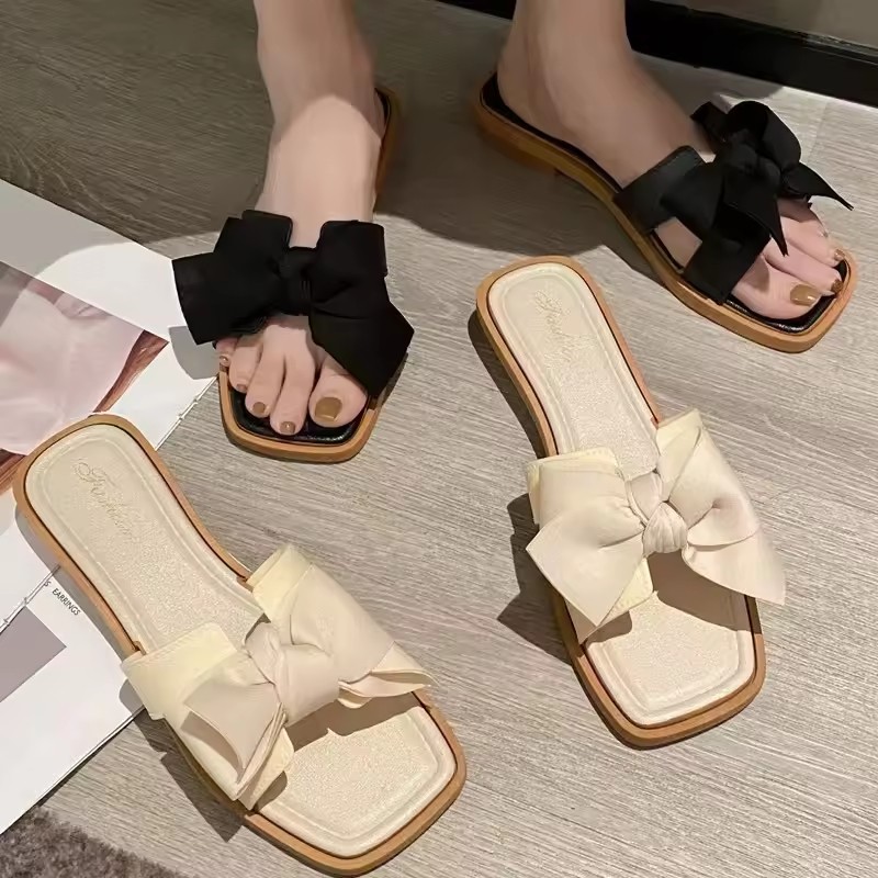 Women's Trendy Korean Style Summer Slippers New Fashion Outwear Heel Bow Sandals Light PVC Insole Anti-Slippery Spring Autumn